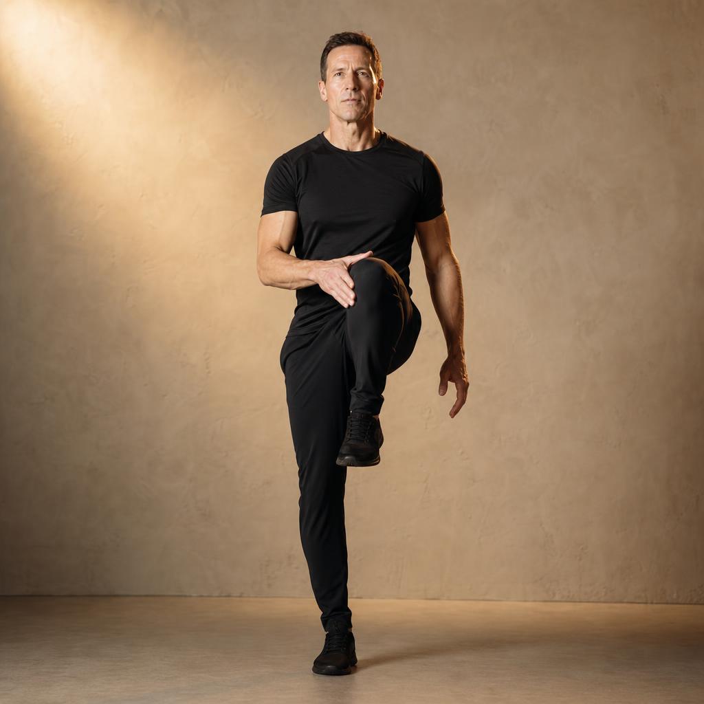 Walking Knee Touches demonstrated by a mid-40s man in matte black training kit