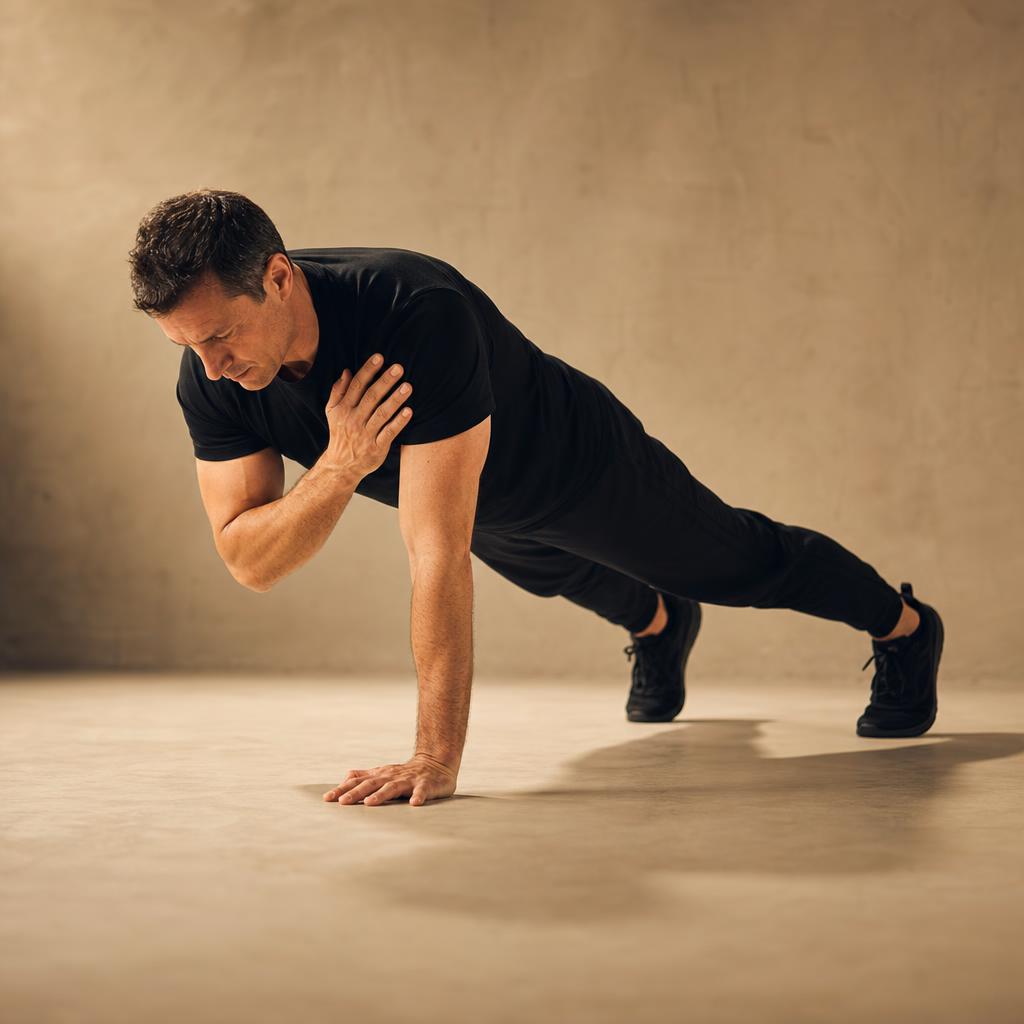 Walk-Outs with Shoulder Taps demonstrated by a mid-40s man in matte black training kit