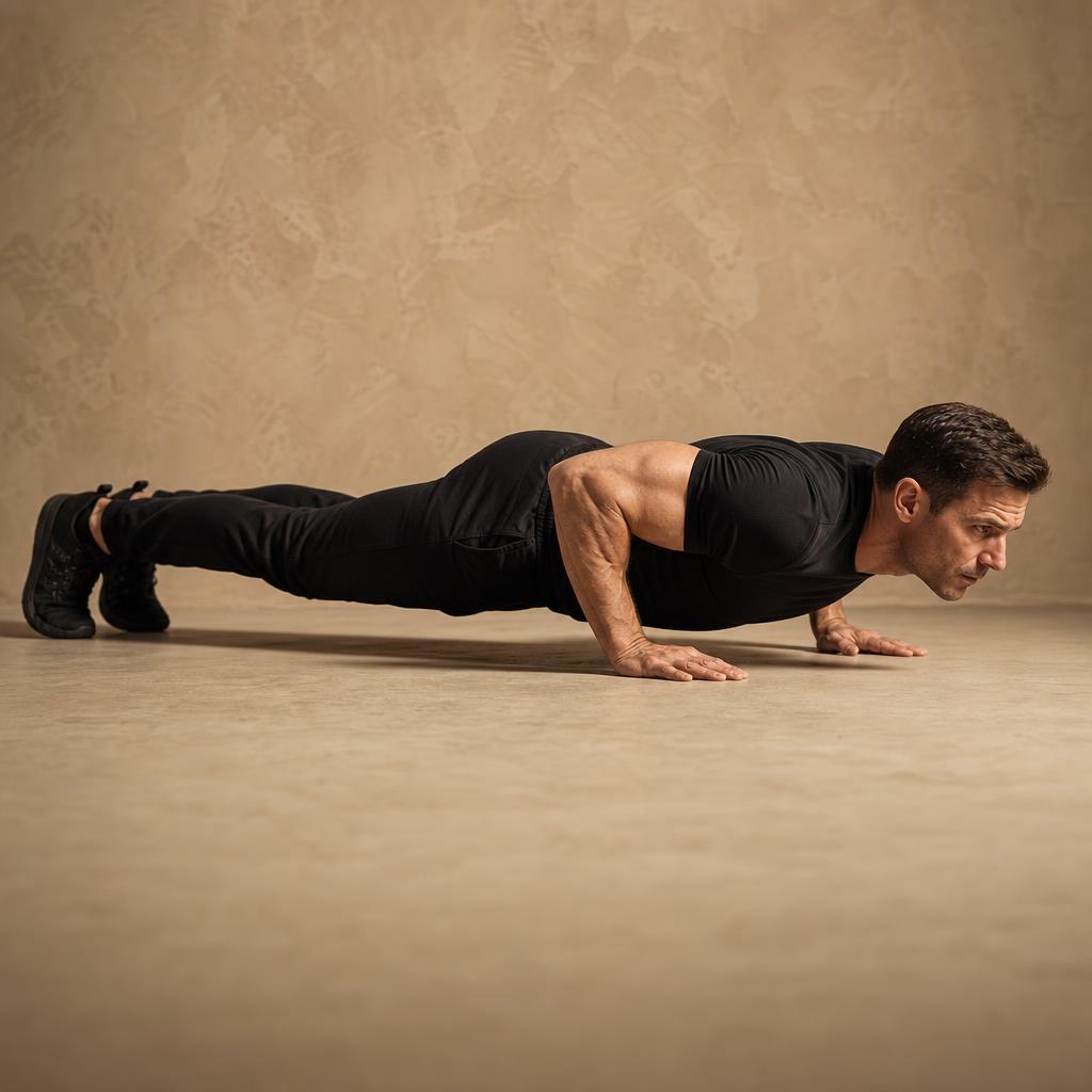 Eccentric Push-Ups demonstrated by a mid-40s man in matte black training kit