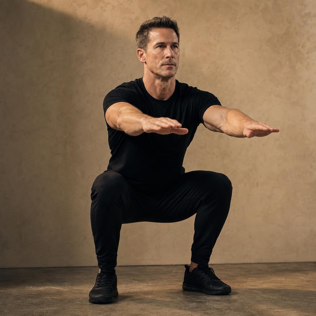 Air Squats demonstrated by a mid-40s man in matte black training kit