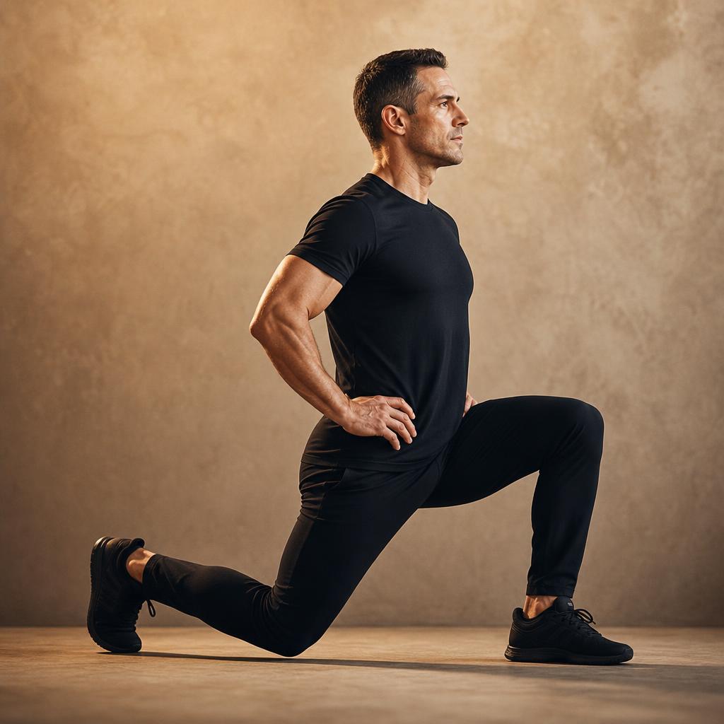 Reverse Lunges demonstrated by a mid-40s man in matte black training kit
