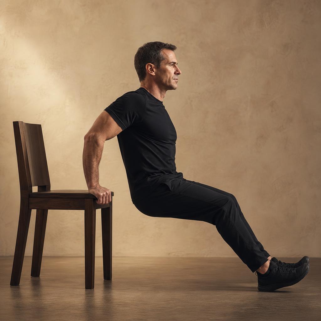 Chair Dips demonstrated by a mid-40s man in matte black training kit