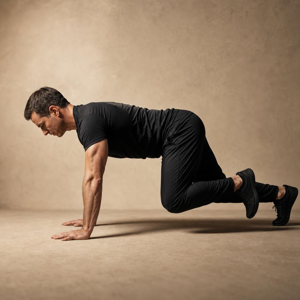 Bear Crawl demonstrated by a mid-40s man in matte black training kit