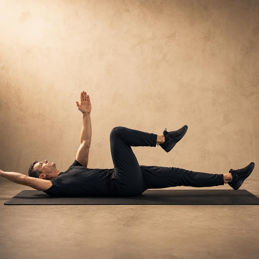 Dead Bug demonstrated by a mid-40s man in matte black training kit