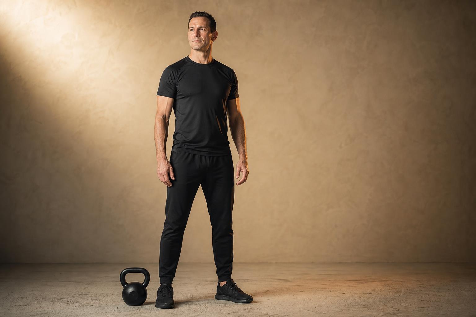 Mid-40s man standing composed in matte black training kit beside a kettlebell, warm beige studio backdrop